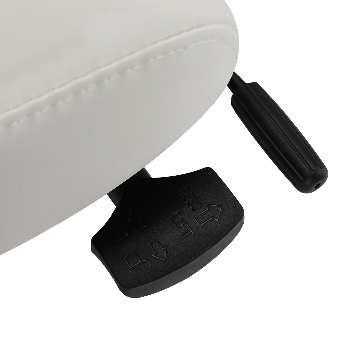 Close-up of black adjustment controls beneath the grey upholstered seat