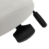 Close-up of black adjustment controls beneath the grey upholstered seat