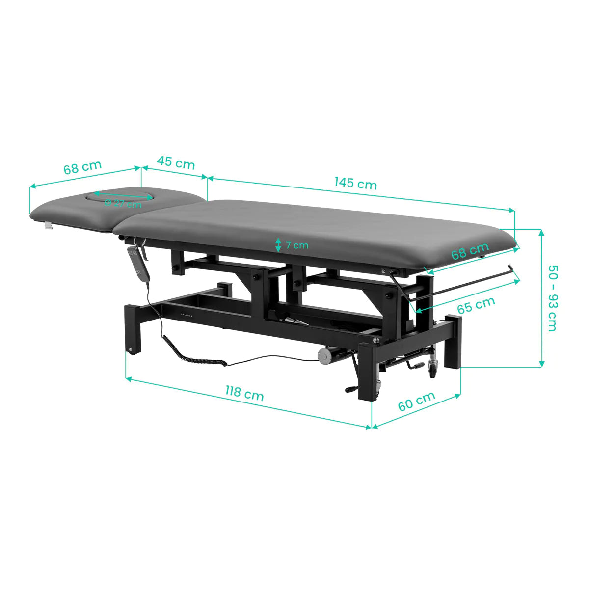 Balance Eso 2 Electric Massage & Physiotherapy Bed Grey - dimensions and measurements shown