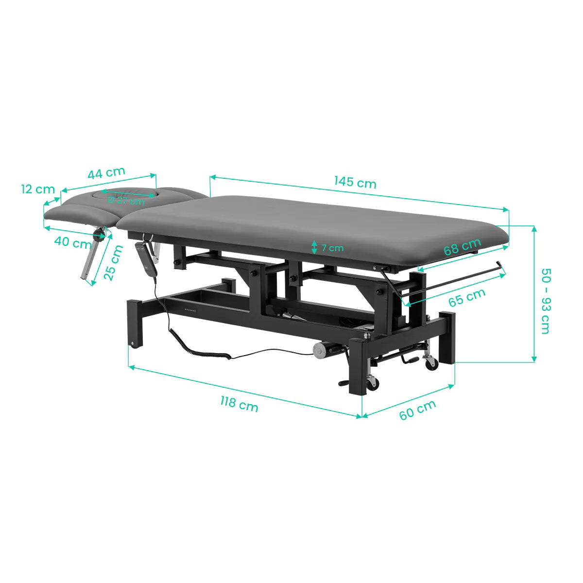 Balance Eso 4 Electric Massage & Physiotherapy Bed Grey - dimensions and measurements shown