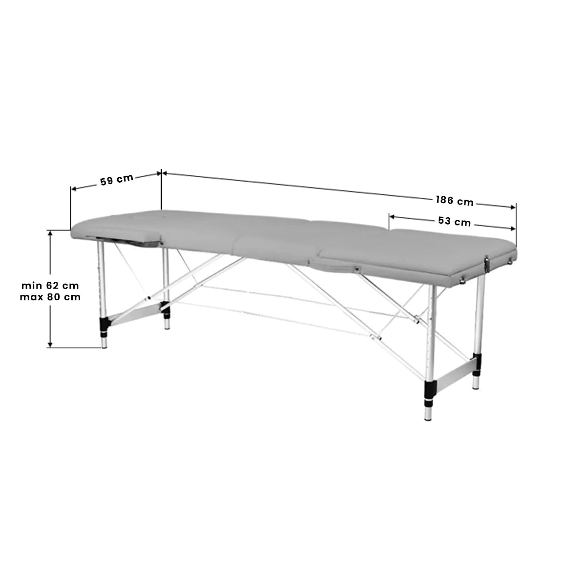BALANCE massage table dimension diagram showing 186 cm length, 59 cm width and 62–80 cm height