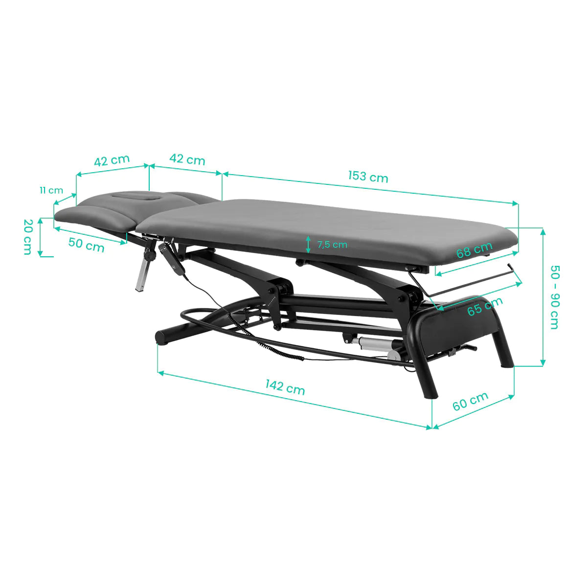 Balance Novus 4 Electric Massage & Physiotherapy Bed Grey - dimensions and measurements shown