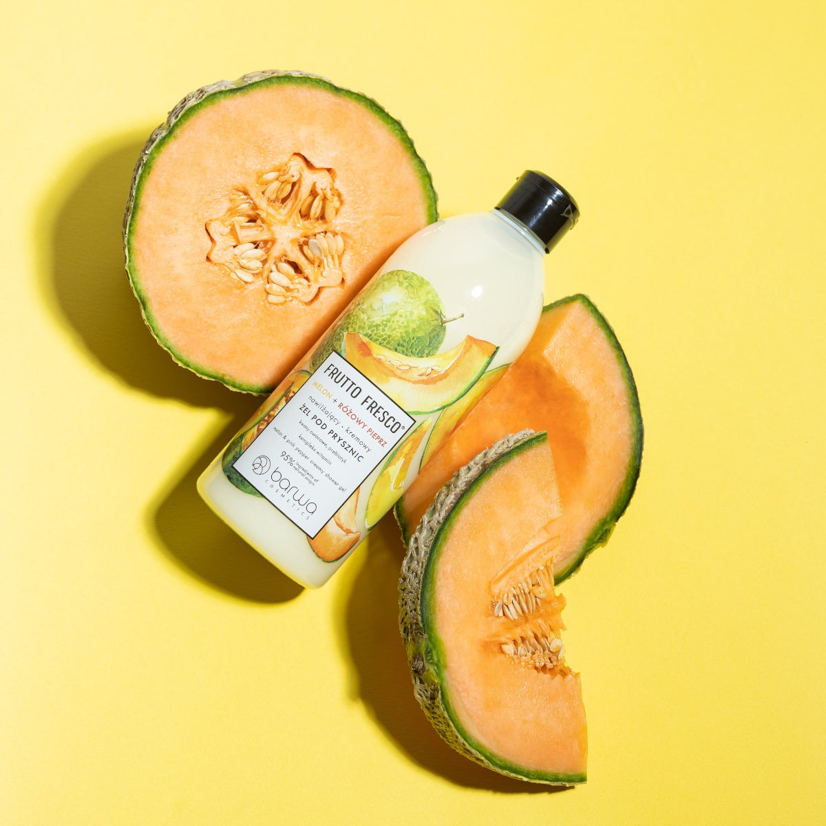 Barwa Frutto Fresco Moisturising Shower Gel Melon & Pink Pepper - product displayed with its packaging on a dark background