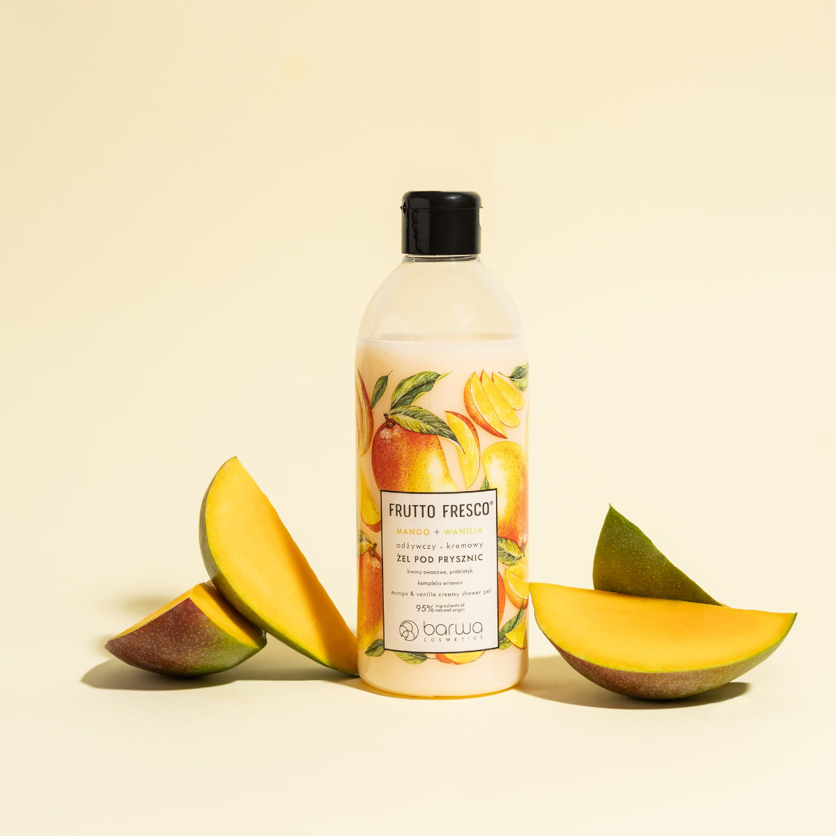 Barwa Frutto Fresco Nourishing Shower Gel Mango & Vanilla - product displayed with its packaging on a dark background