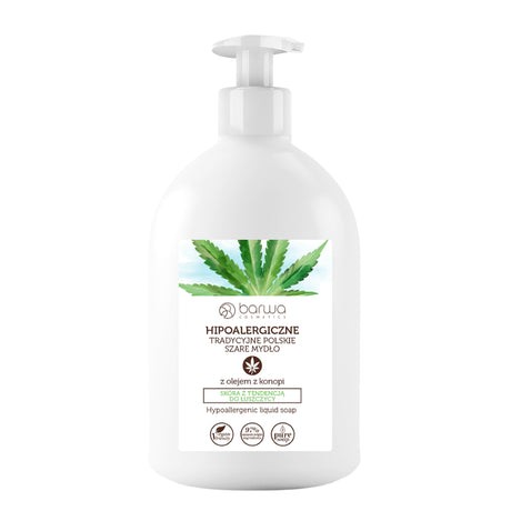 Barwa Hypoallergenic Traditional Grey Liquid Soap With Hemp Oil - arranged with the included components on a white background