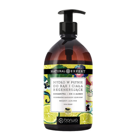 Barwa Natural Expert Regenerating Liquid Soap Bergamot & Aloe Vera - arranged with the included components on a white background