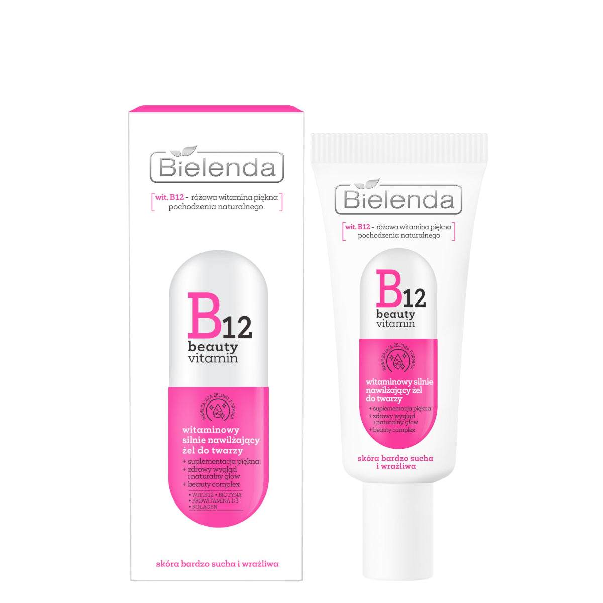 Bielenda B12 Beauty Vitamin Moisturising Face Gel - arranged with the included components on a white background