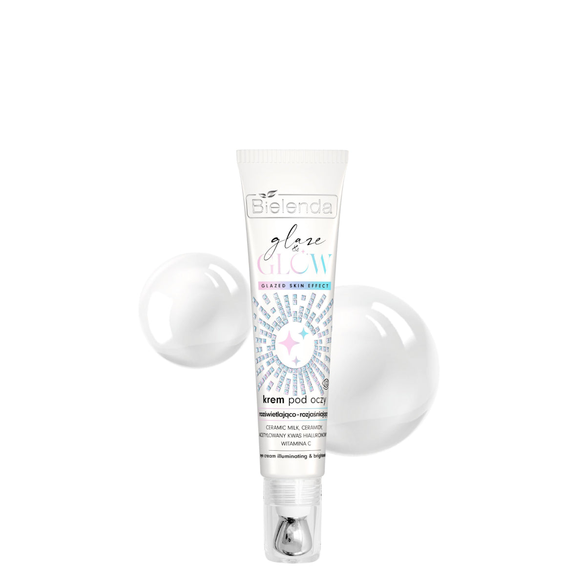 Bielenda Glaze & Glow Brightening Illuminating Eye Cream Glazed Skin Effect - arranged with the included components on a white background