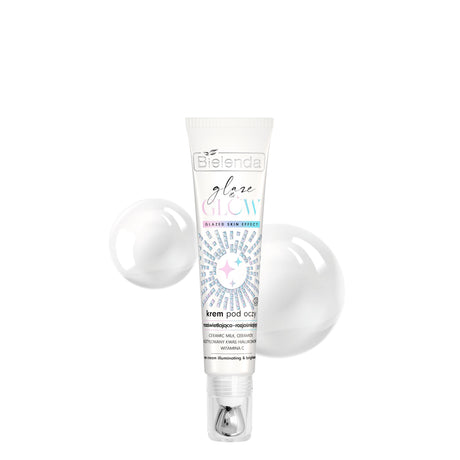 Bielenda Glaze & Glow Brightening Illuminating Eye Cream Glazed Skin Effect - arranged with the included components on a white background