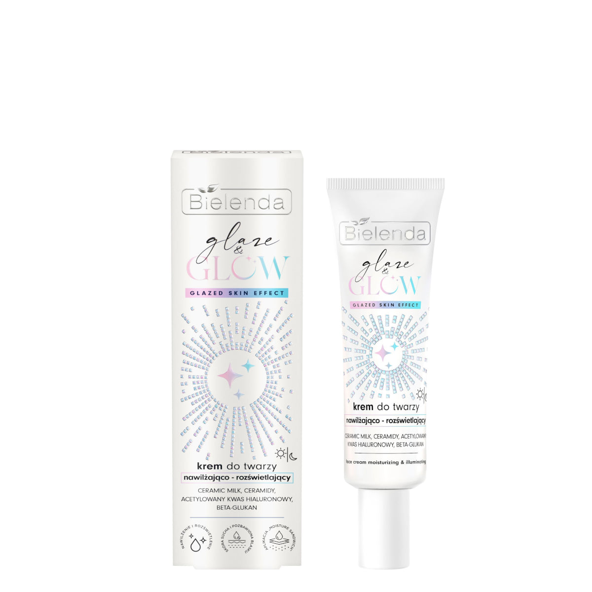 Bielenda Glaze & Glow Moisturising Brightening Face Cream Glazed Skin Effect - retail packaging on a white background