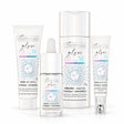 Four Bielenda Glaze & Glow skincare products on white: ceramic serum, face cream, eye cream with metal applicator and essence milk.