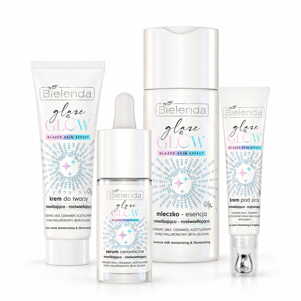 Four Bielenda Glaze & Glow skincare products on white: ceramic serum, face cream, eye cream with metal applicator and essence milk.