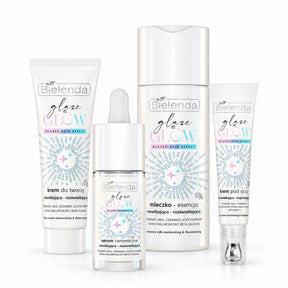 Four Bielenda Glaze & Glow skincare products on white: ceramic serum, face cream, eye cream with metal applicator and essence milk.