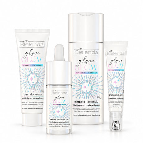 Four Bielenda Glaze & Glow skincare products on white: ceramic serum, face cream, eye cream with metal applicator and essence milk.