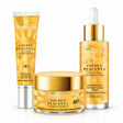 Three golden Bielenda Golden Placenta products on white: closed 40+ face cream jar, eye cream tube and face serum dropper bottle.