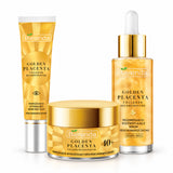 Three golden Bielenda Golden Placenta products on white: closed 40+ face cream jar, eye cream tube and face serum dropper bottle.