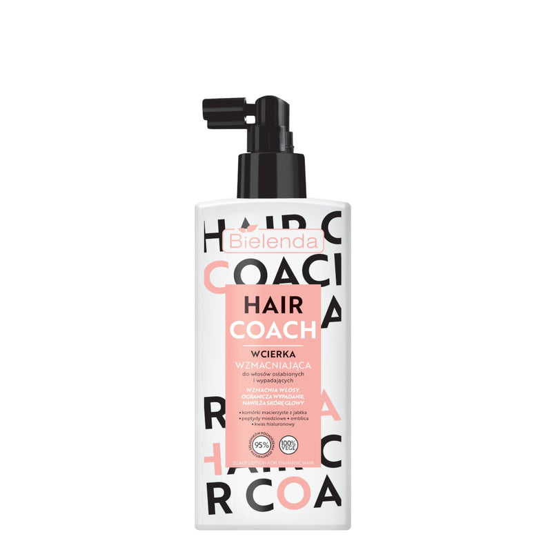 Bielenda Hair Coach Strengthening Rub On Scalp Lotion - arranged with the included components on a white background