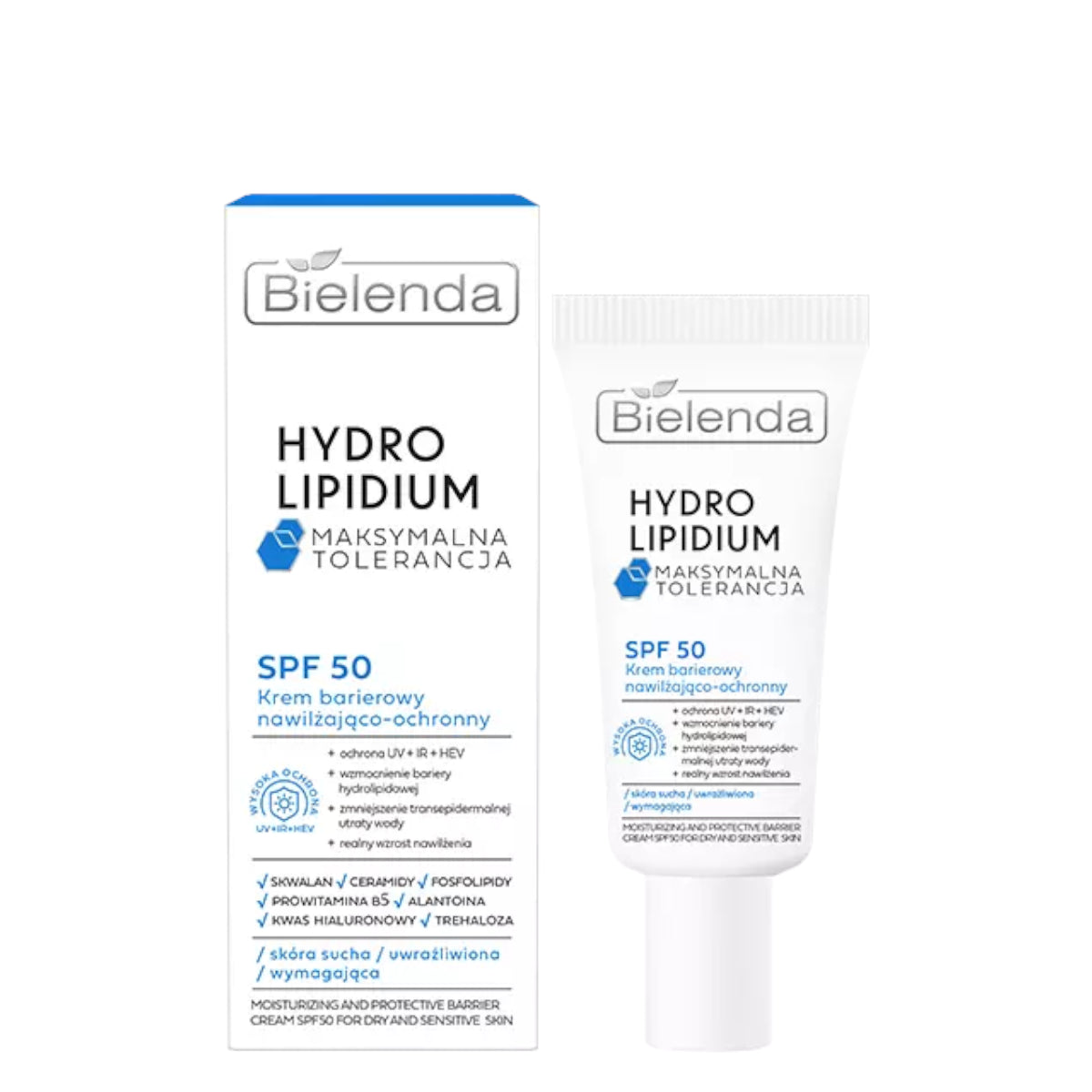 Bielenda Hydro Lipidium Moisturising & Protective Barrier Cream SPF50 - arranged with the included components on a white background