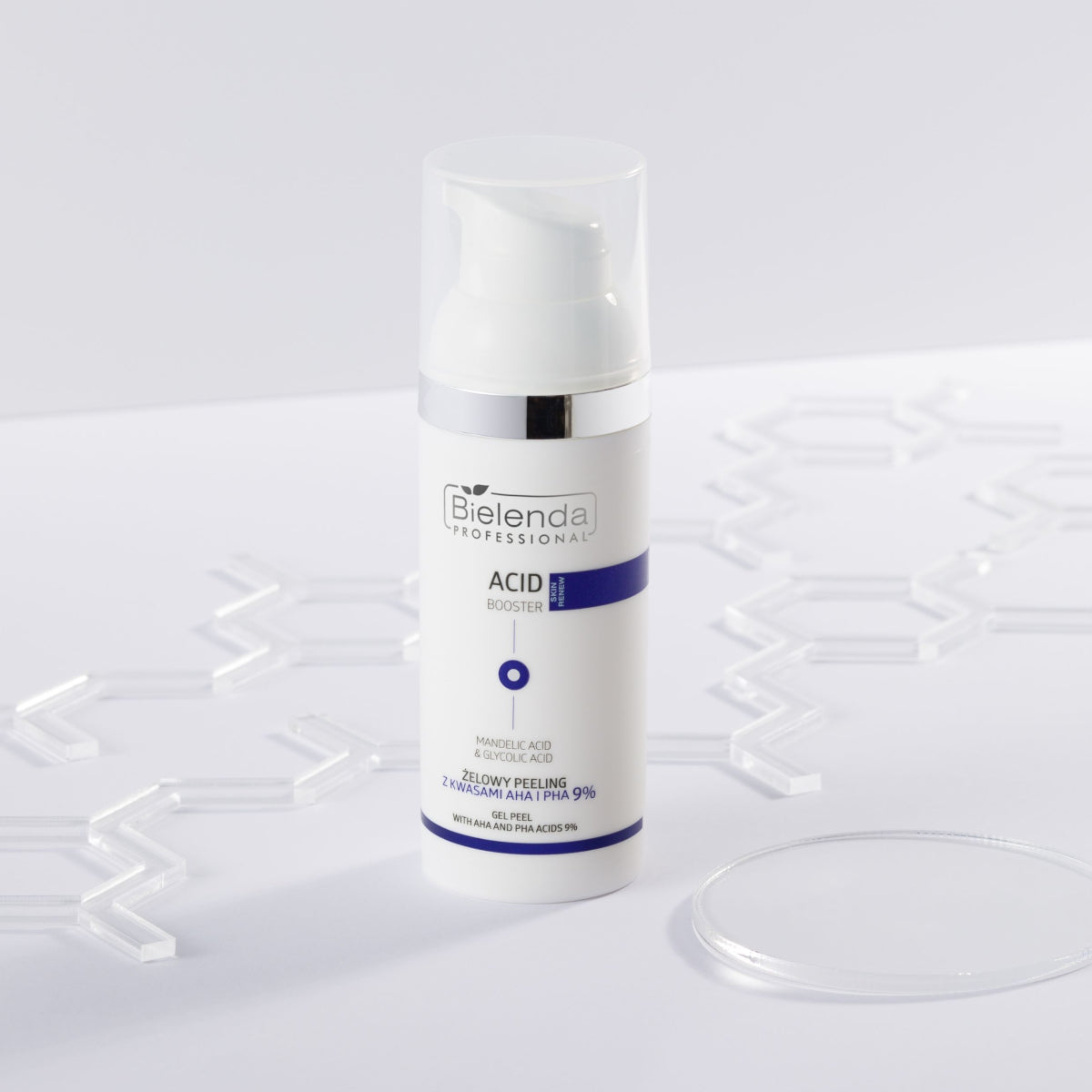 Bielenda Professional Acid Booster Gel Peeling with AHA & PHA Acids 9% - product displayed with its packaging on a dark background