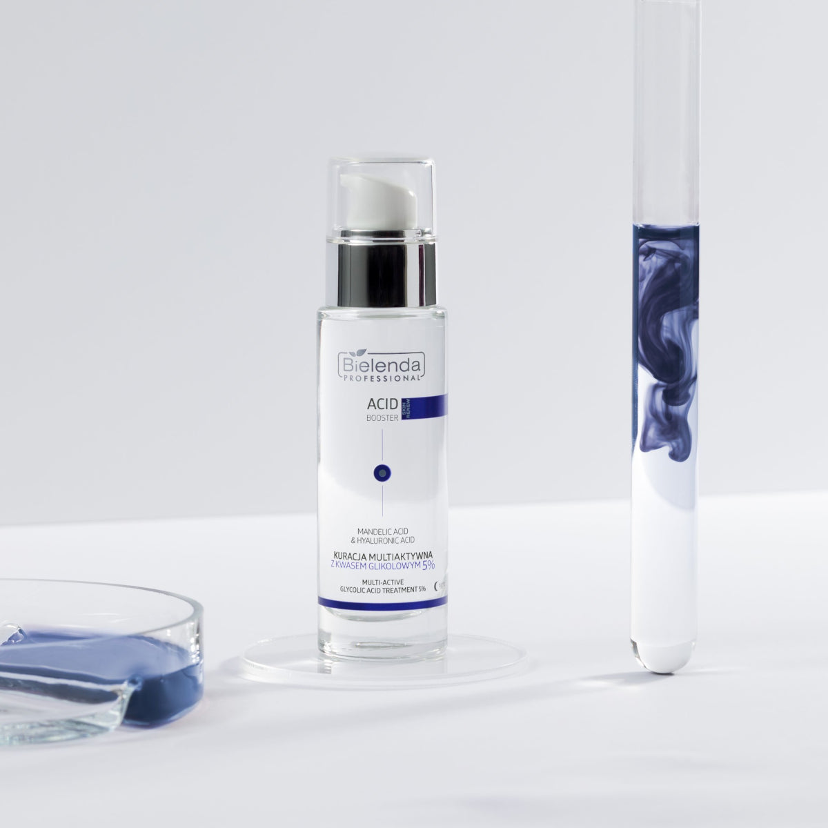 Bielenda Professional Acid Booster Multi Active Treatment with Glycolic Acid 5% - product presentation on a dark background