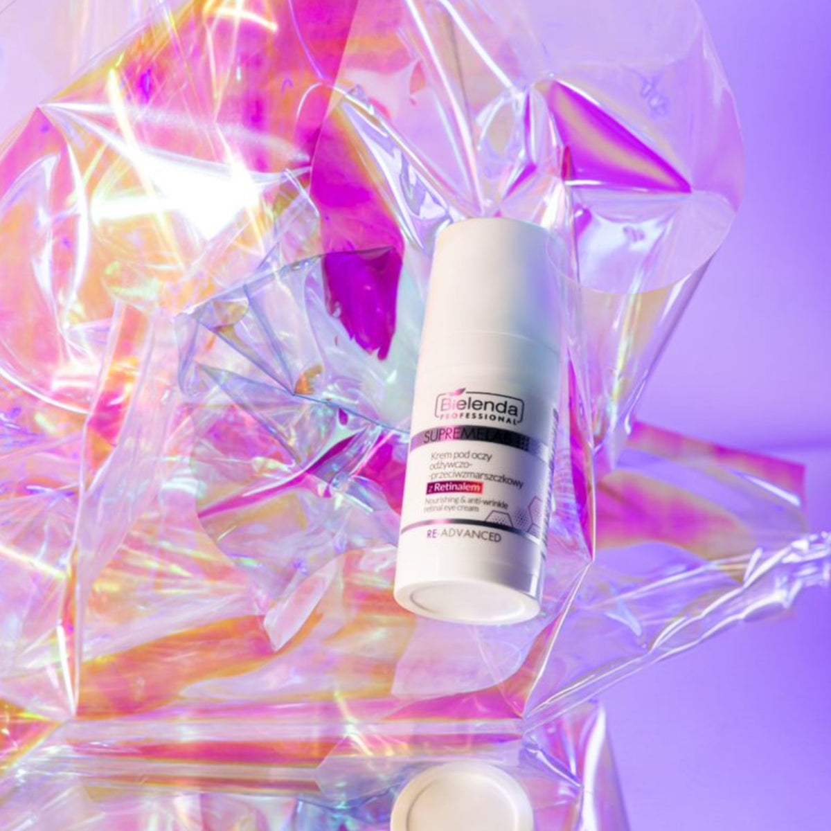 Bielenda Professional SupremeLab Re-Advanced Anti-Wrinkle Eye Cream - product displayed with its packaging on a dark background