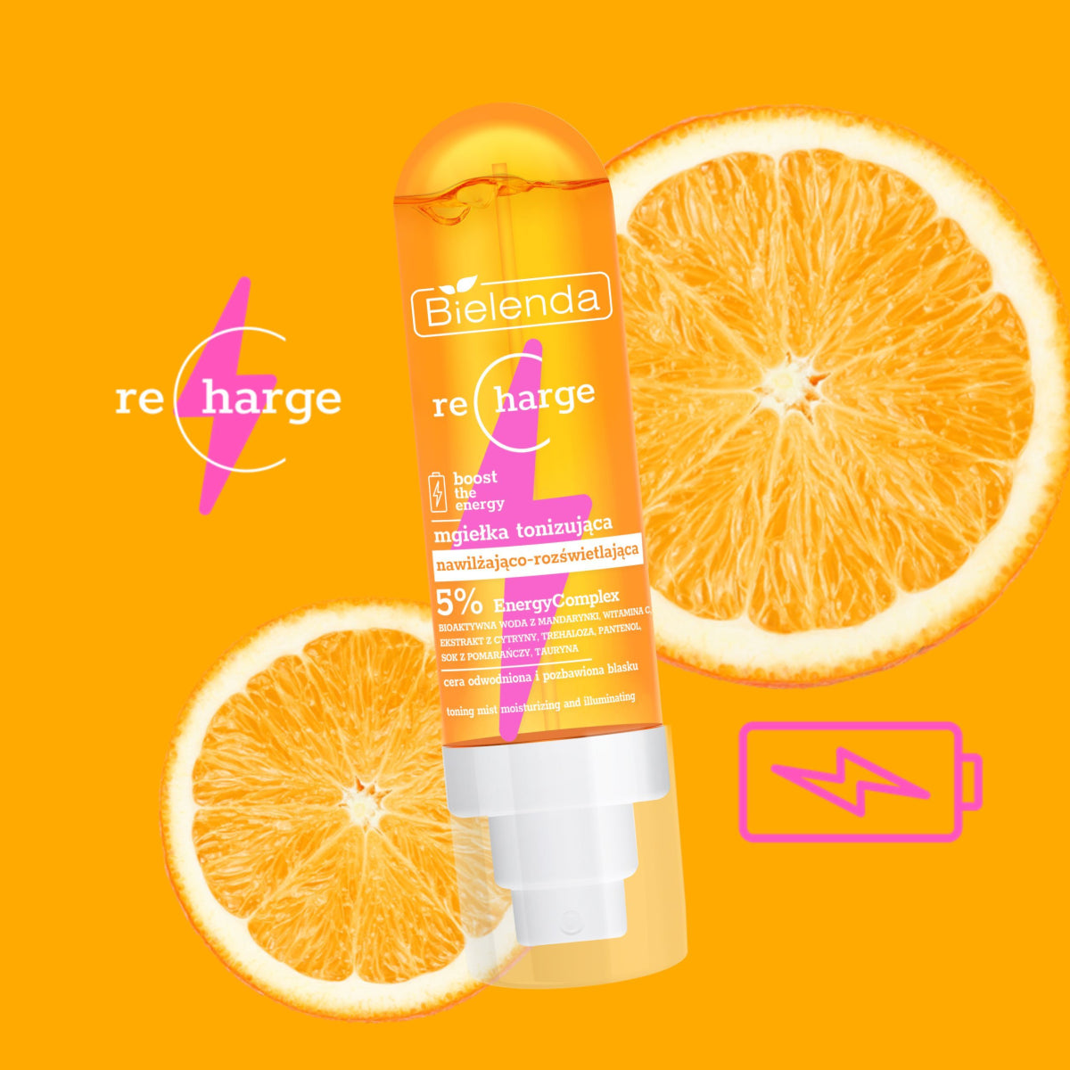 Bielenda Recharge Moisturising & Illuminating Toning Mist - product displayed with its packaging on a dark background
