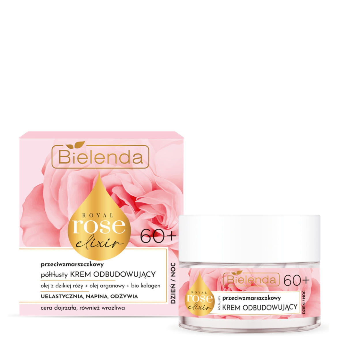Bielenda Royal Rose Elixir Anti-Wrinkle Restorative Face Cream 60+ - retail packaging on a white background