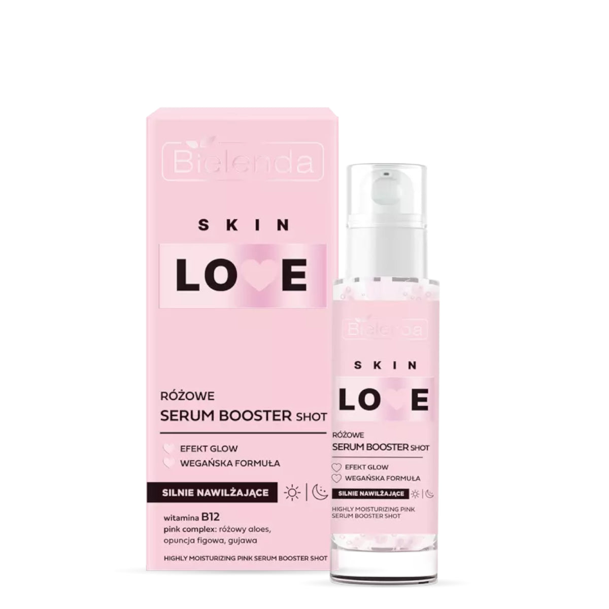 Bielenda Skin Love Strongly Moisturising Pink Booster Serum Shot - retail packaging on a white background