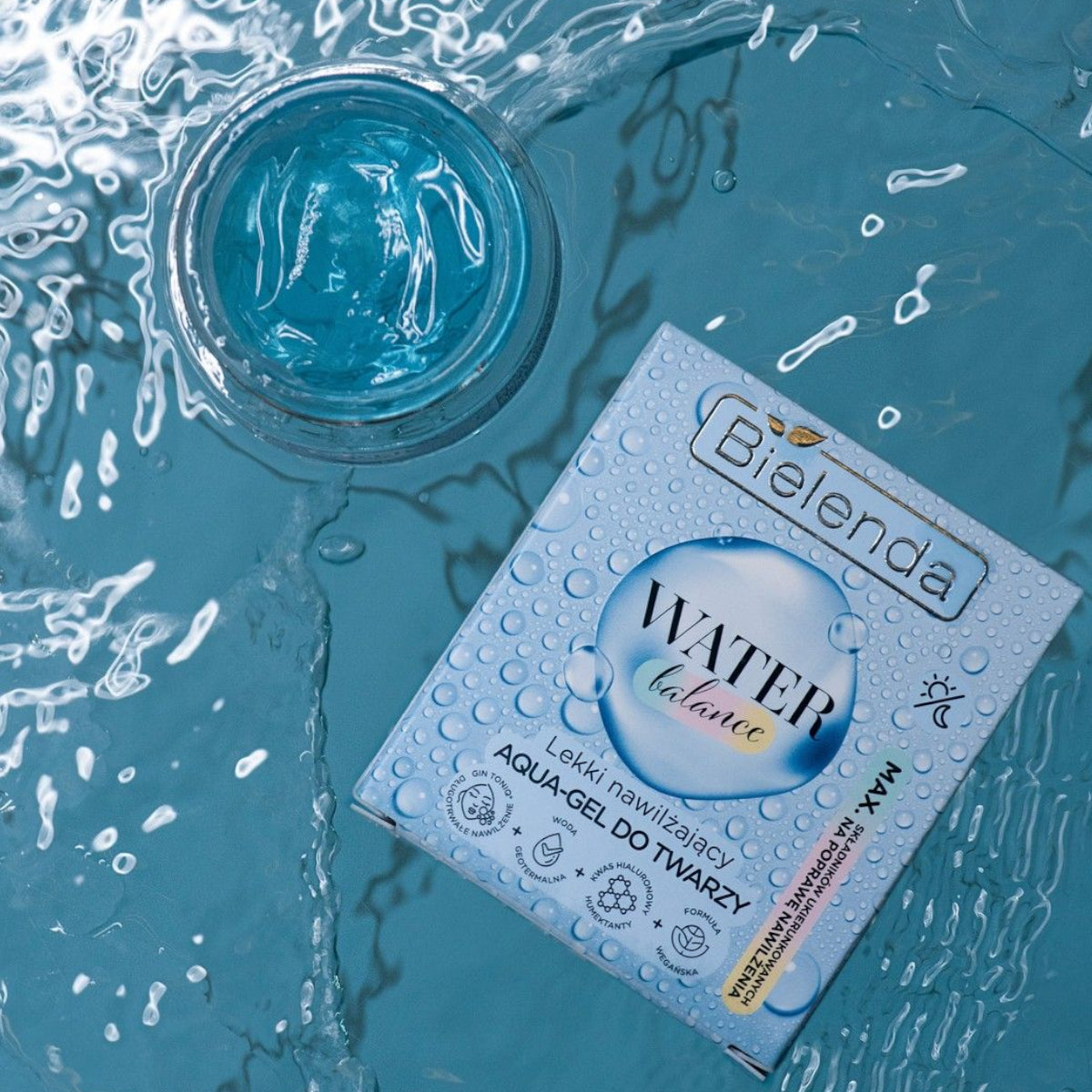 Bielenda Water Balance Light Moisturising Face Aqua-Gel - product presentation on a dark background