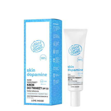 Body Boom Face Boom Skin Dopamine Moisturising Cream SPF50 - retail packaging on a white background