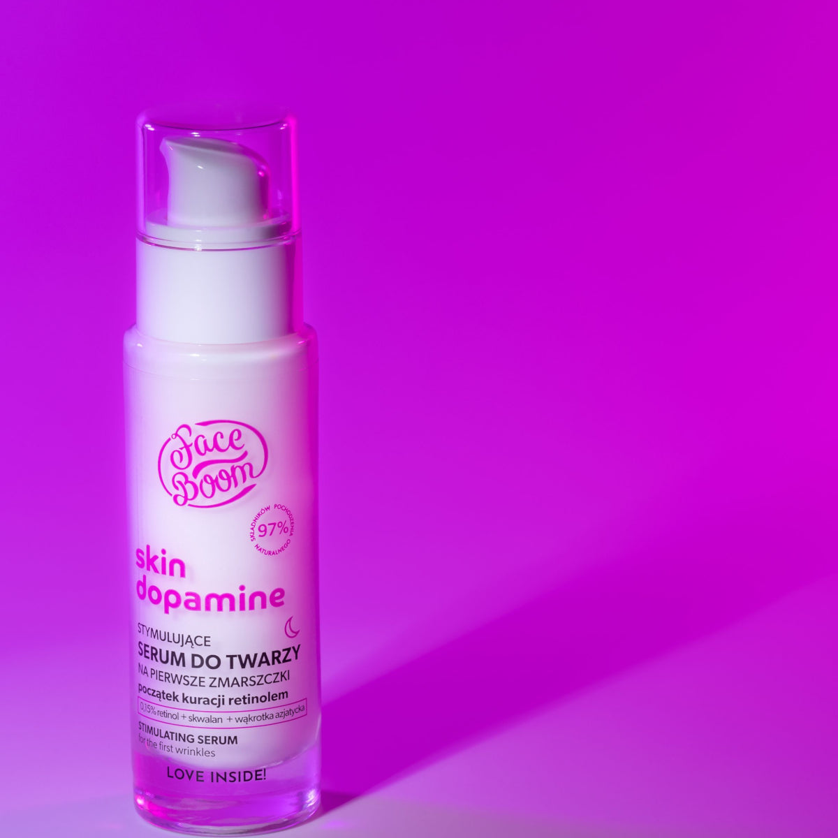 Body Boom Face Boom Skin Dopamine Stimulating Anti-Wrinkle Serum With 0.15% Retinol - product presentation on a dark background