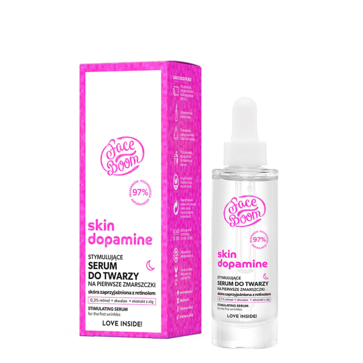 Body Boom Face Boom Skin Dopamine Stimulating Anti-Wrinkle Serum With 0.3% Retinol - retail packaging on a white background