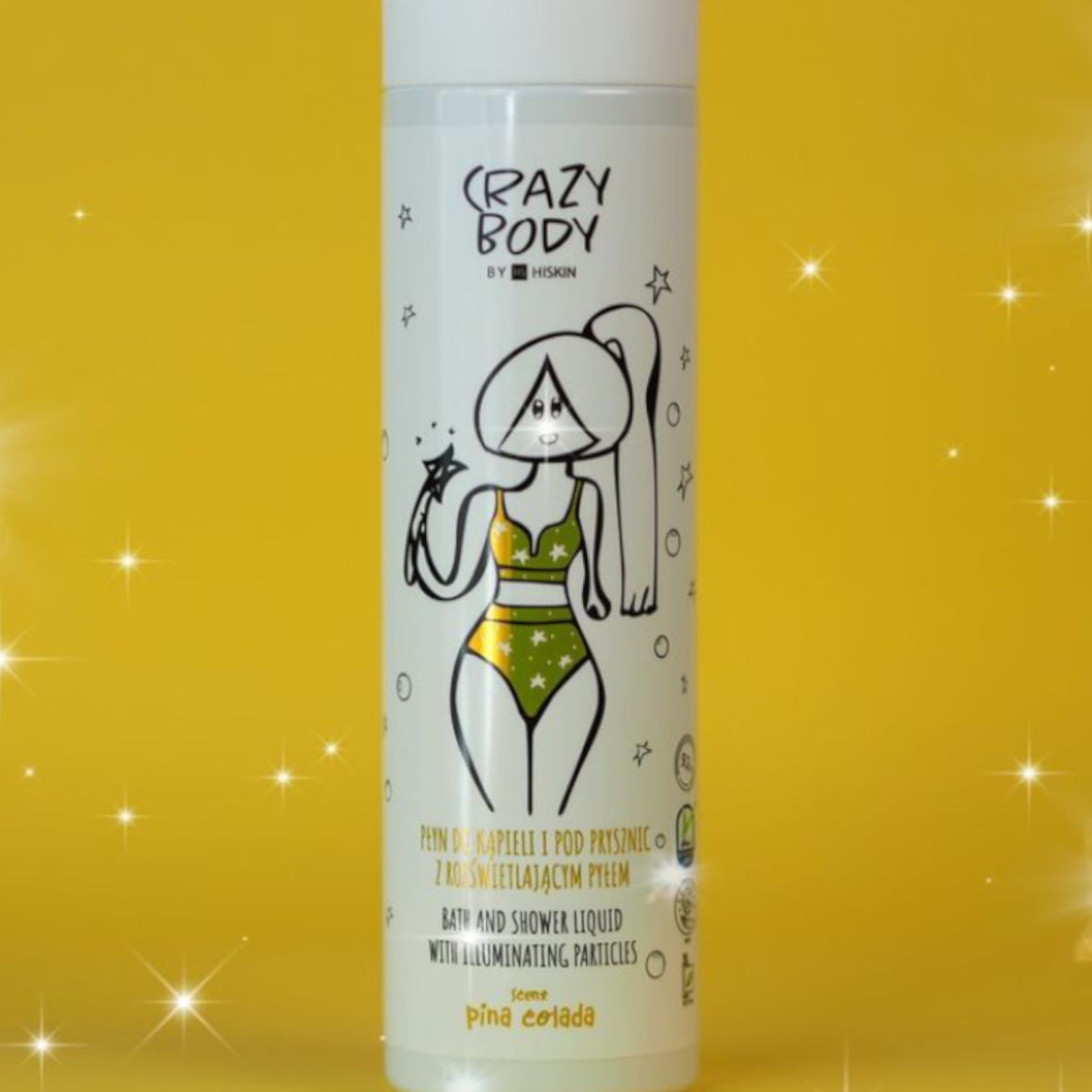 Crazy Hair Crazy Body Illuminating Bath & Shower Liquid Pina Colada - product displayed with its packaging on a dark background