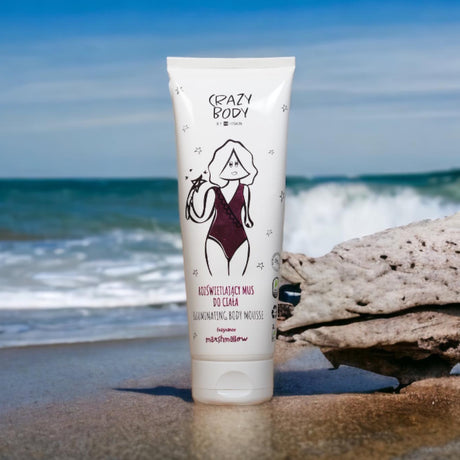 Crazy Hair Crazy Body Illuminating Body Mousse Marshmallow - product displayed with its packaging on a dark background