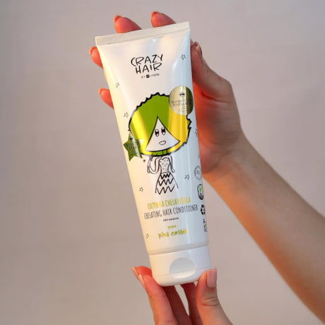 Crazy Hair PEH Balance Chelating Hair Conditioner Pina Colada - product and colour result shown on hair