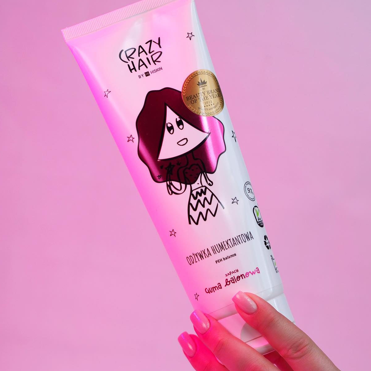 Crazy Hair PEH Balance Humectant Hair Conditioner Bubble Gum - product and colour result shown on hair