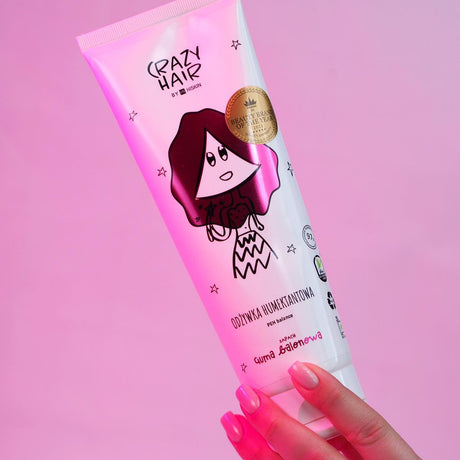 Crazy Hair PEH Balance Humectant Hair Conditioner Bubble Gum - product and colour result shown on hair