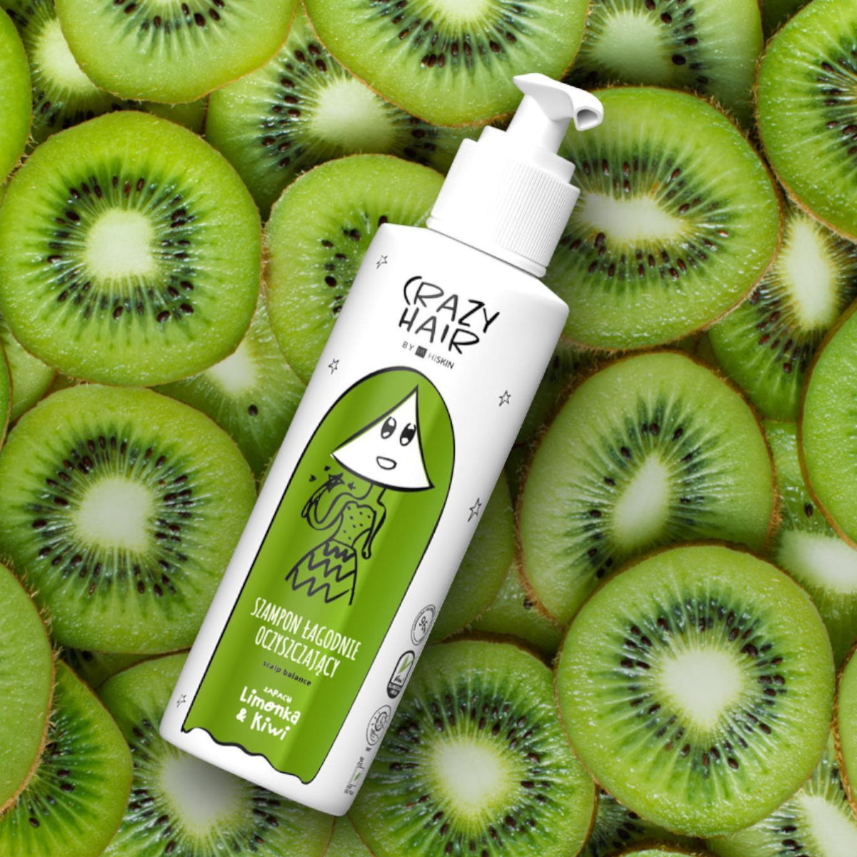 Crazy Hair Scalp Balance Gentle Cleansing Shampoo Lime & Kiwi - product and colour result shown on hair