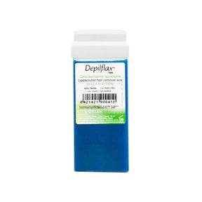 Depilflax 100 Azul blue wax cartridge with a wide white roller head and front label, shown upright.