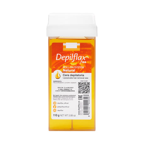 Depilflax 100 Natural 110 g wax cartridge with golden wax, a white roller head and front label.