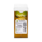 Depilflax 100 Olive 110 g wax cartridge with amber wax, a white roller head and olive-green label.