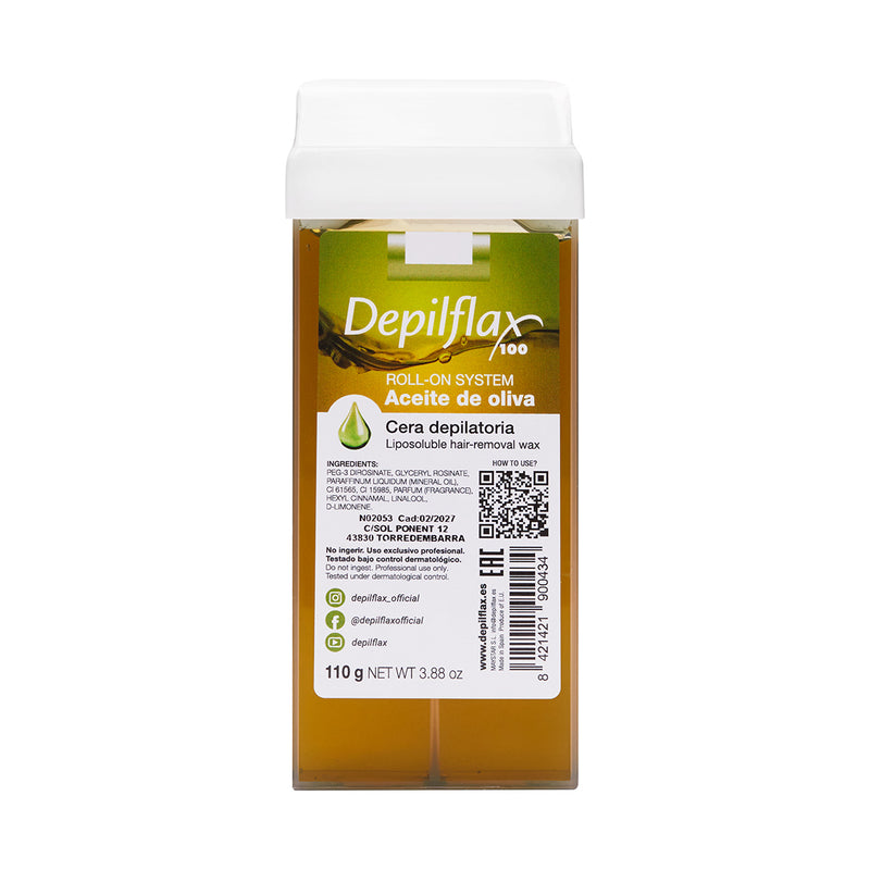 Depilflax 100 Olive 110 g wax cartridge with amber wax, a white roller head and olive-green label.