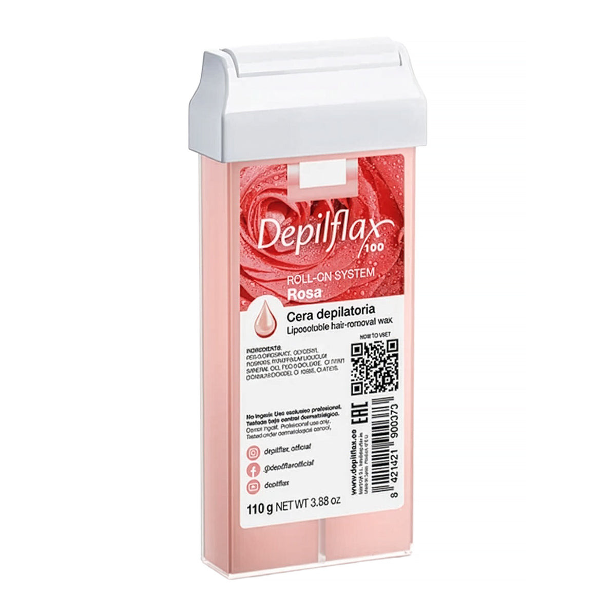 Depilflax 100 Rosa 110 g pink wax cartridge with white roller applicator