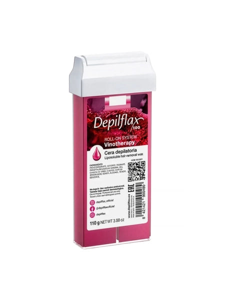 Depilflax 100 Vinotherapy roll-on wax cartridge with a white roller head and burgundy label, front view