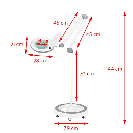 Elegante 6014 60 Magnifier LED 5D Lamp with a Tripod - dimensions and measurements shown