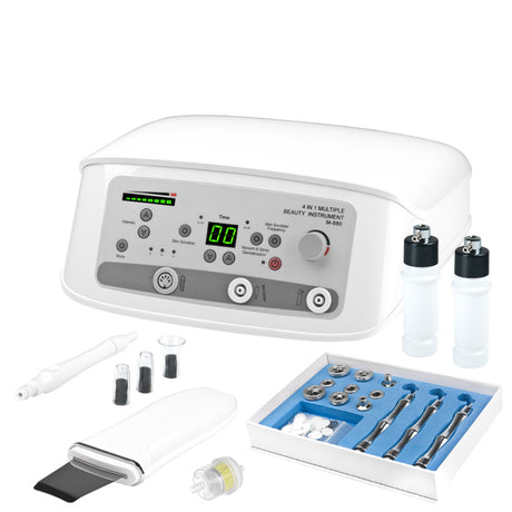 Elegante 880 4-In-1 Multifunction Beauty Device - Microdermabrasion, Skin Scrubber, Vacuum & Spray - main unit with included components on a white background