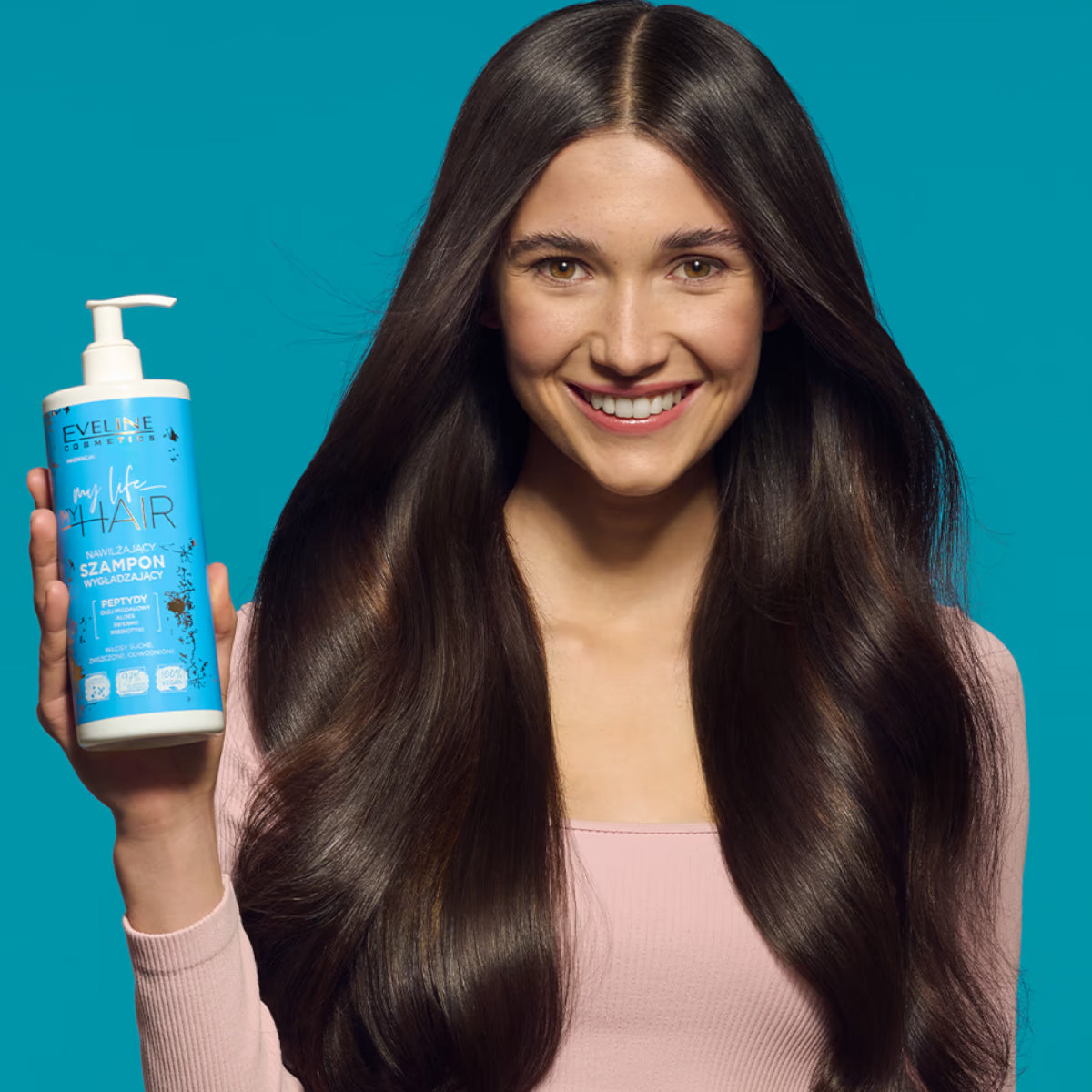 Eveline My Life My Hair Moisturising & Smoothing Shampoo - product and colour result shown on hair