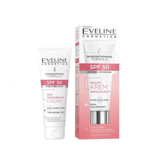 Eveline Rich Moisturising Face Cream SPF50 - retail packaging on a white background