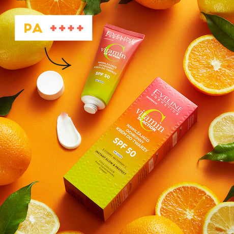 Eveline Vitamin C Moisturising & Protective Face Cream SPF50 - close-up of the cosmetic finish on skin