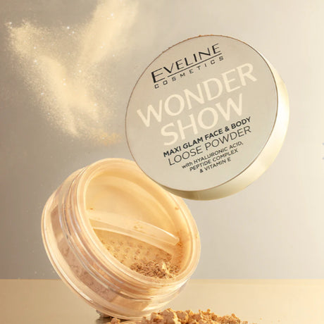 Eveline Wonder Show Maxi Glam Loose Powder - finished result shown on a model's face